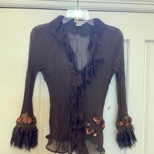 Alberto Makali, size S, brown sheer blouse gold